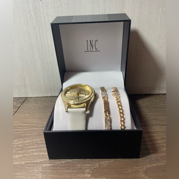I.N.C. International Concepts Womens Gold White Strap Heart Watch Braclet Set - Picture 7 of 8